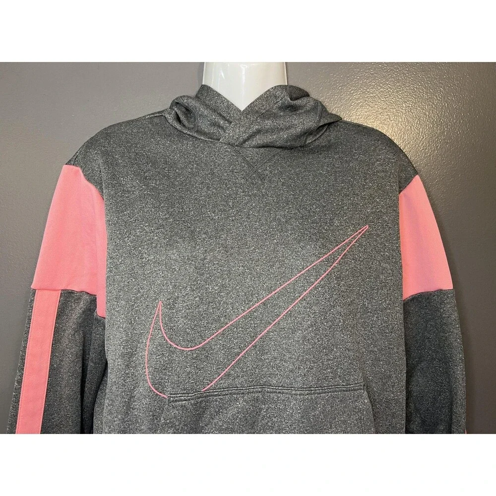 Nike Hoodie Youth XL Gray Pink Dri-Fit Pullover Sweatshirt Swoosh Logo